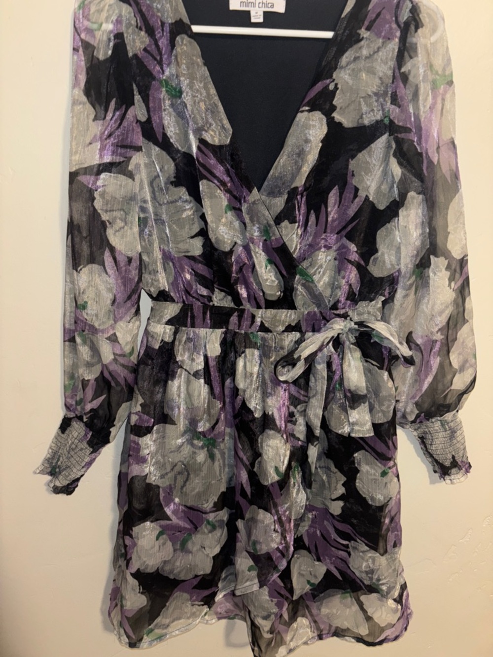 Mimi Chica Black Floral Mini Dress with Silver and Lavender Accents